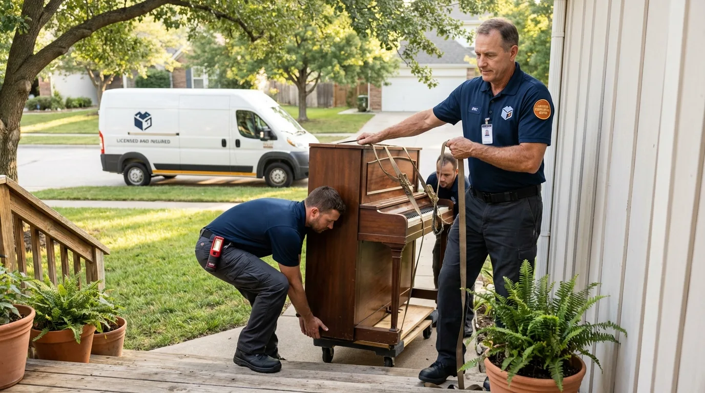 Licensed piano movers securing grand piano in Dannemora, NY