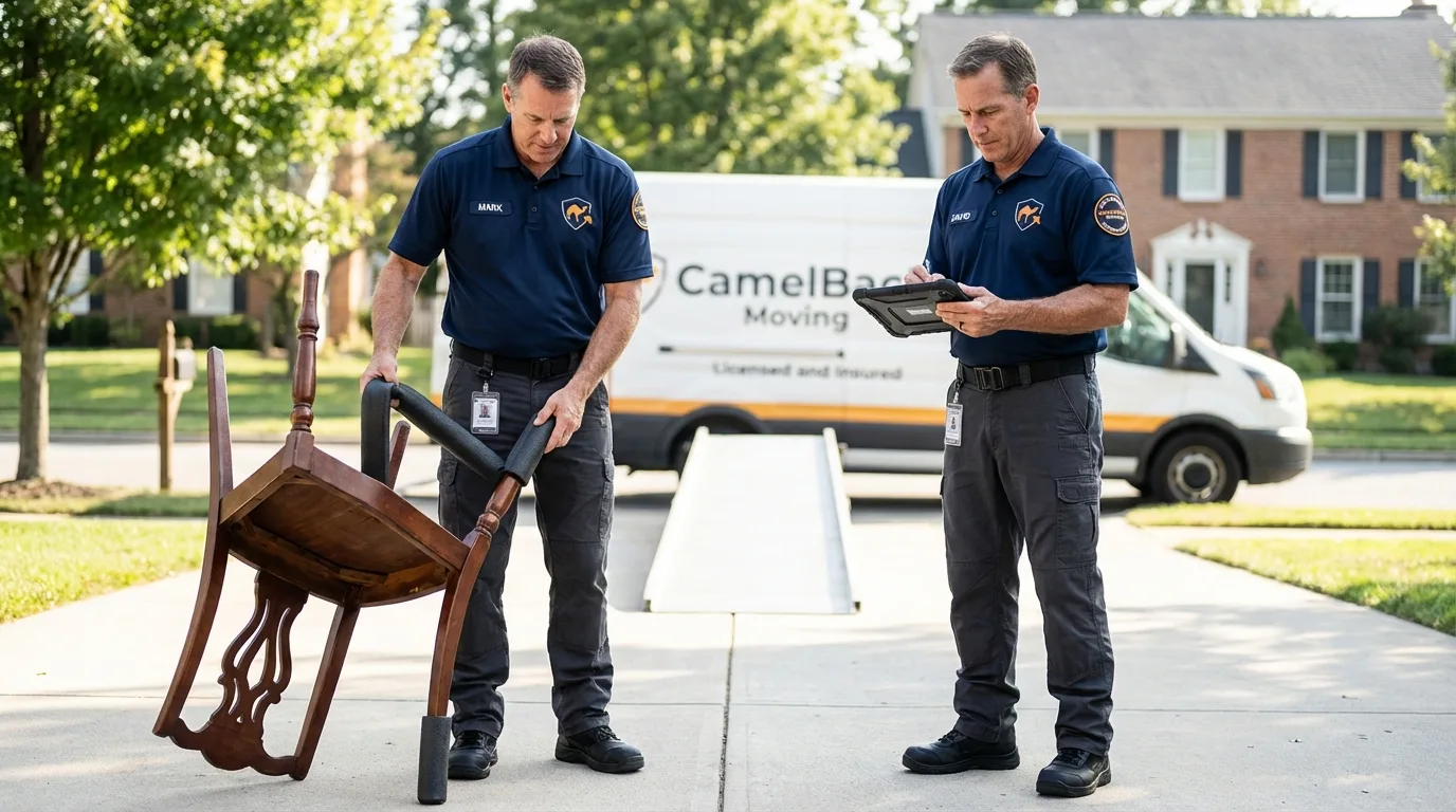 Movers inspecting furniture for damage prevention before loading in Dannemora, NY