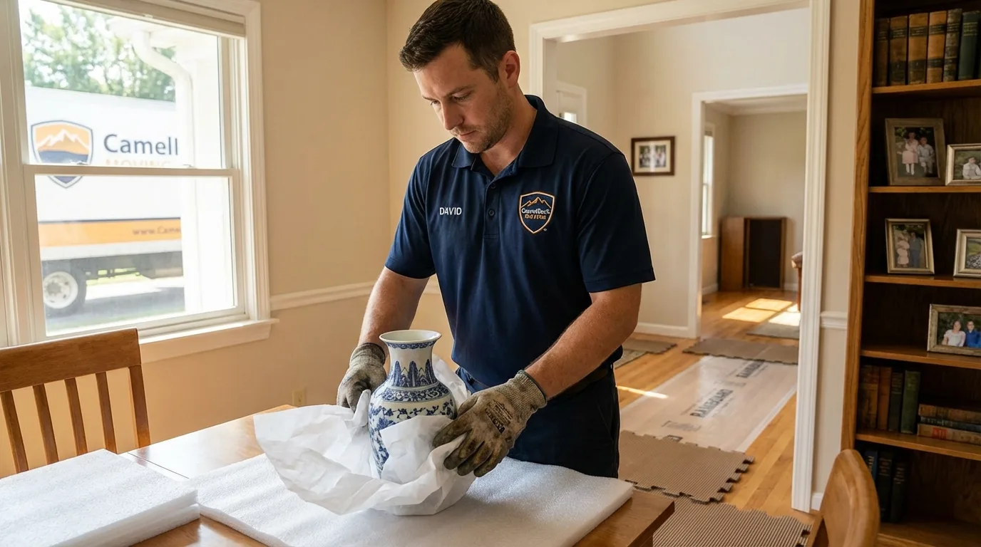 Professional crew carefully wrapping antique vase for senior downsizing move in Dannemora, NY