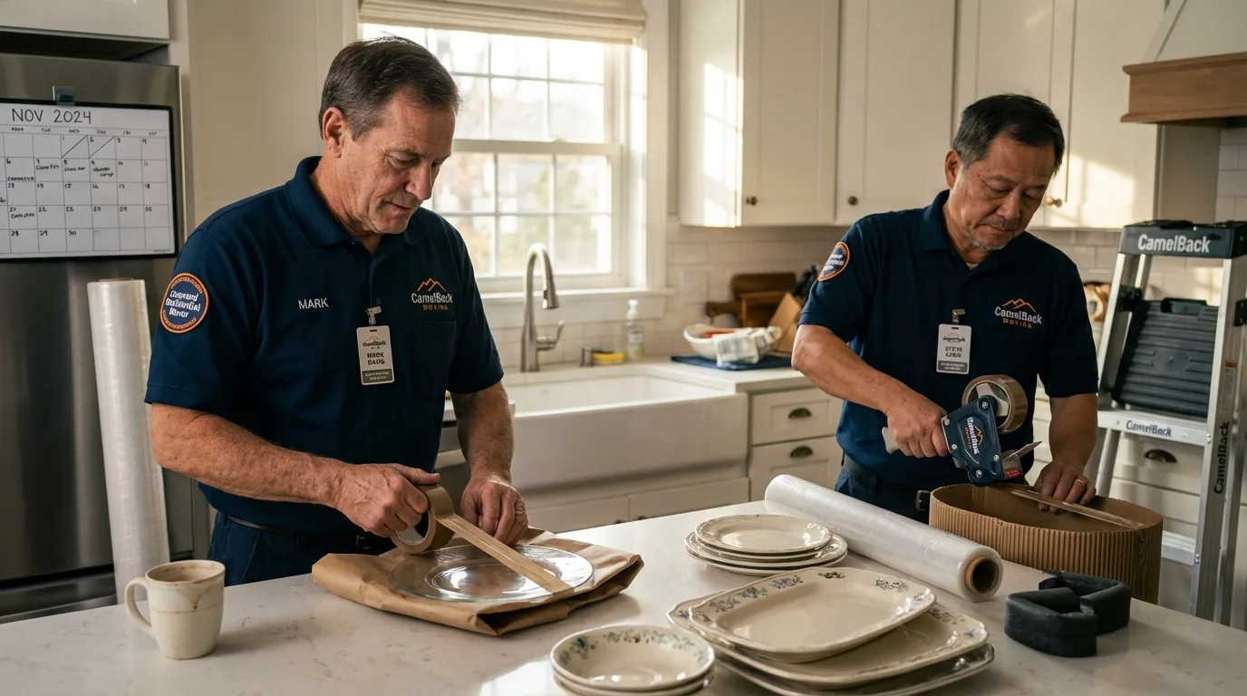 Professional crew packing kitchen dishware in Dannemora, NY